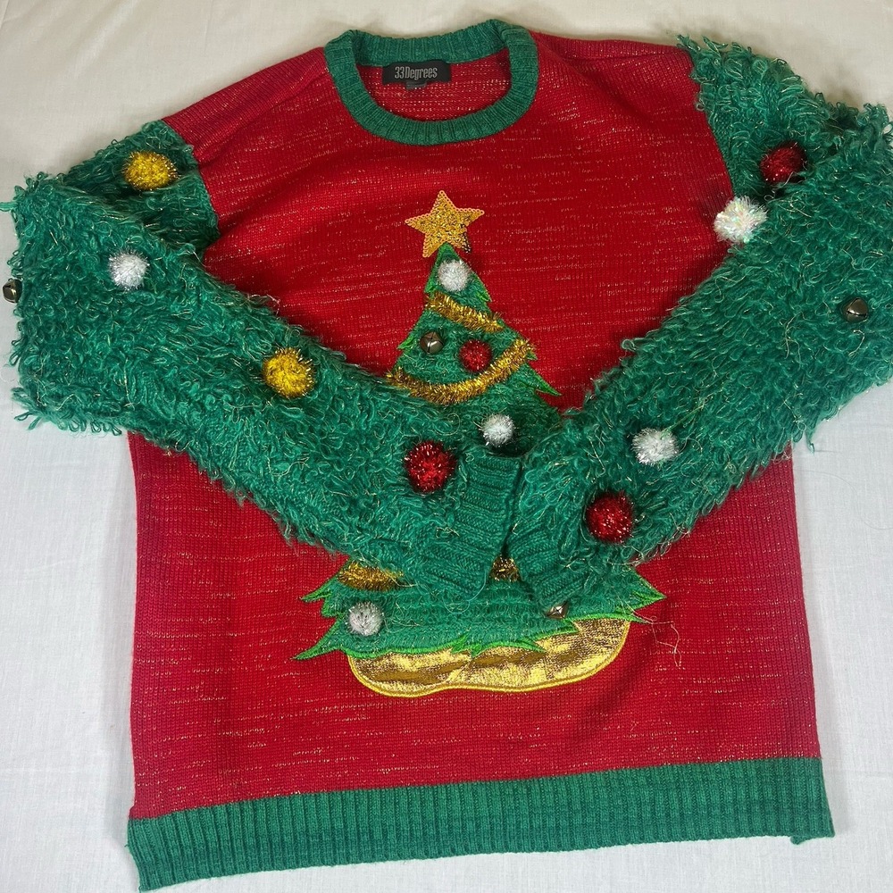 33 Degrees Womens Ugly Christmas Sweater Large Red Green Tree Pullover